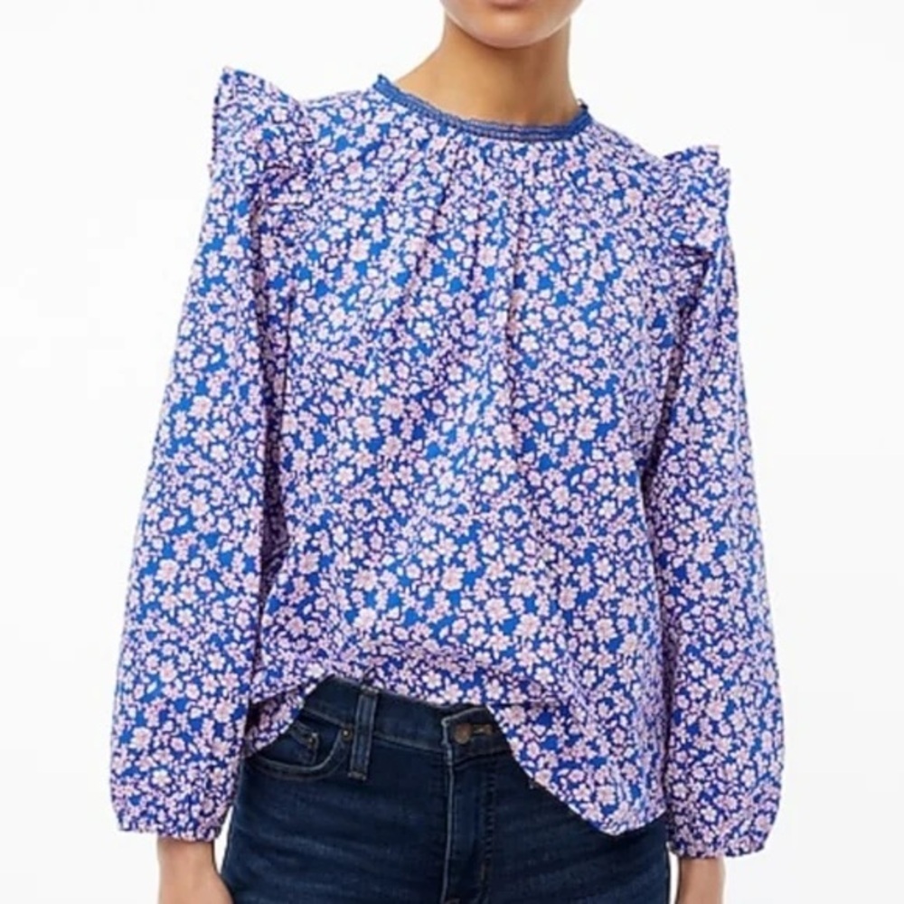 J. Crew Size S Liberty Long-Sleeve Ruffle-Shoulder Top Lace Neckline Pintucked